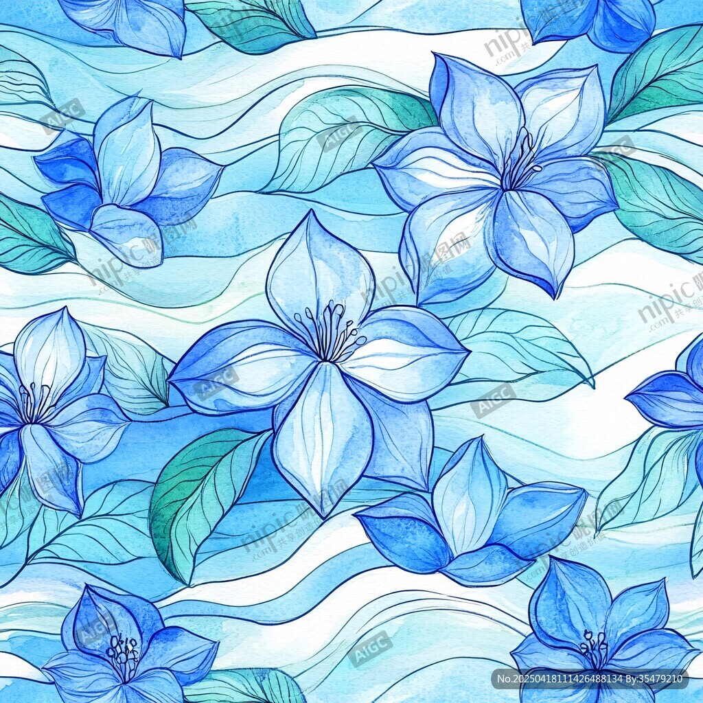 藍花綠葉水彩風無縫圖案
