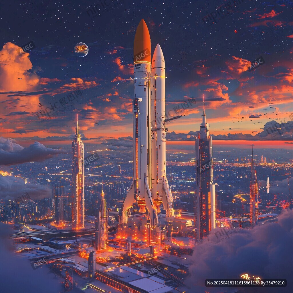 夜幕下的宏偉火箭發(fā)射基地