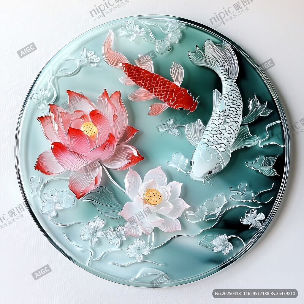 玉雕錦鯉荷花圖