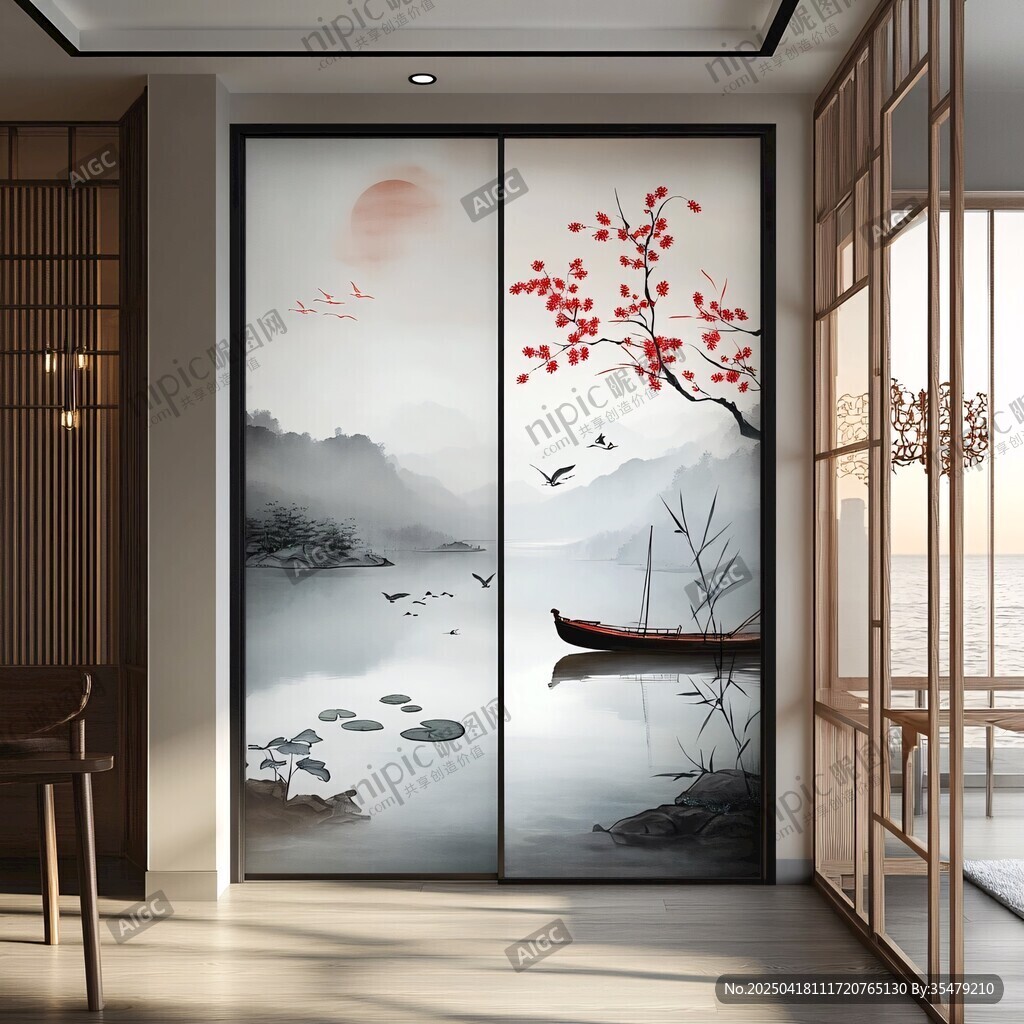 中式山水花鳥移門裝飾畫