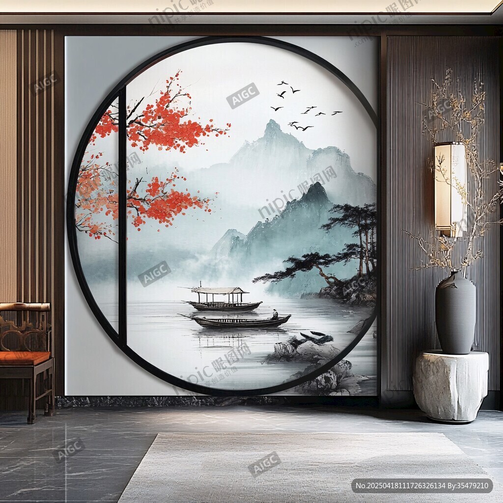 中式山水圓屏玄關裝飾畫