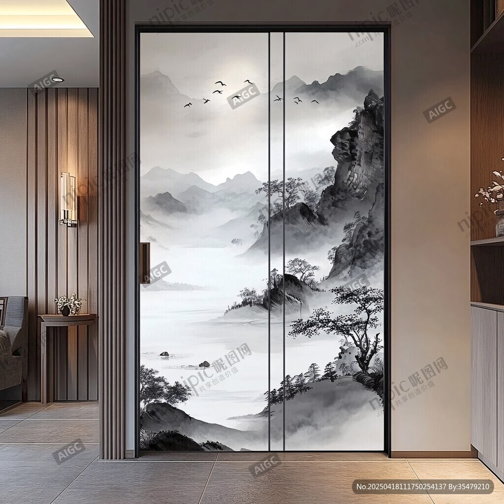 中式山水藝術(shù)移門(mén)裝飾