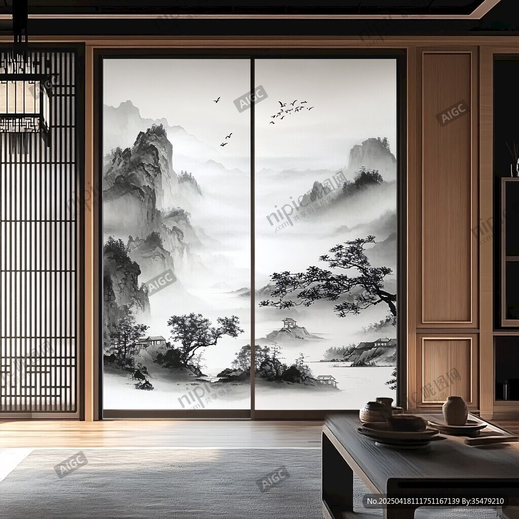 中式山水墨韻移門(mén)裝飾畫(huà)