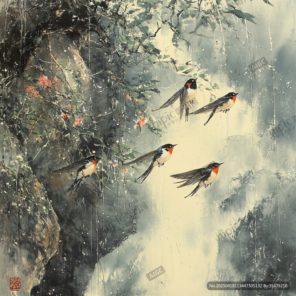 雨中山崖間的靈動飛燕