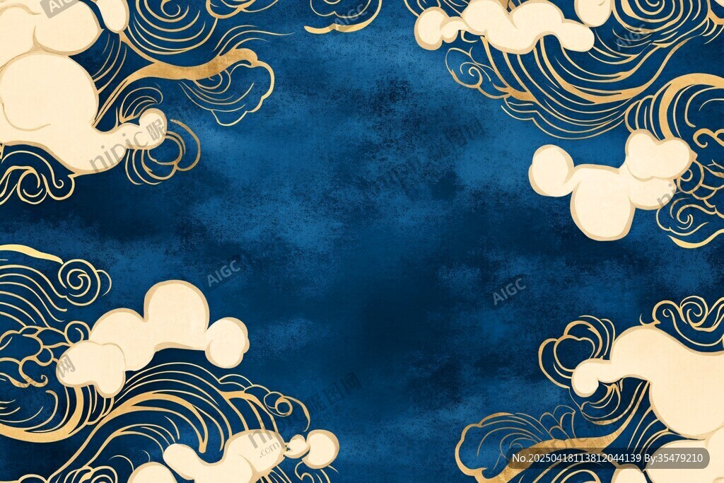 中式藍底金云紋背景圖