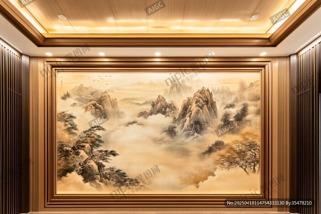 中式客廳中的山水壁畫
