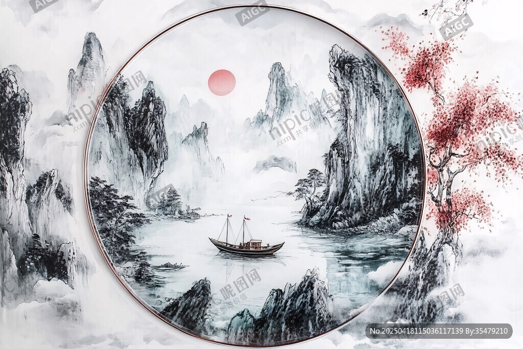 圓形水墨山水意境畫(huà)