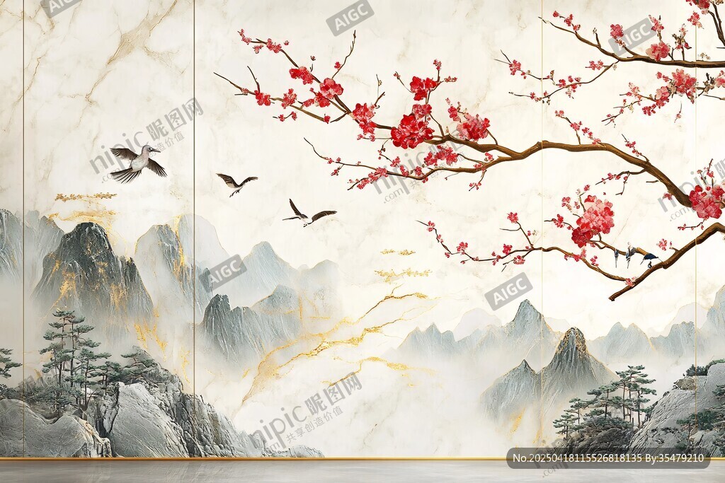 中式山水紅梅飛鳥背景圖