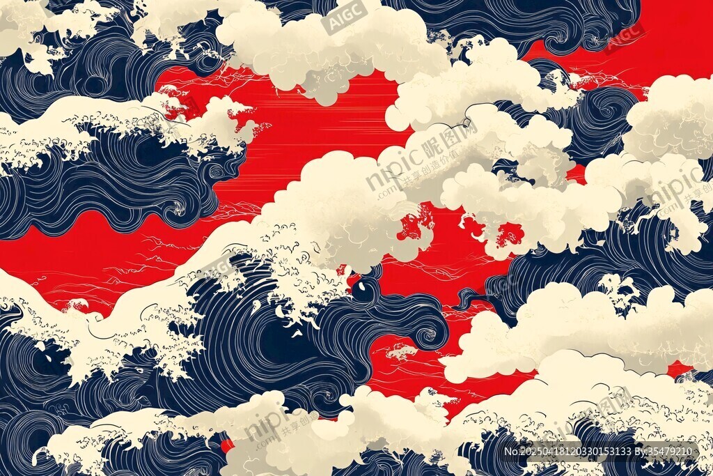 紅色背景上的日式海浪圖案