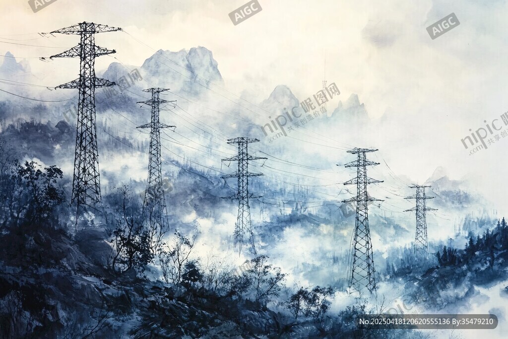 山間輸電塔 云霧中的景致