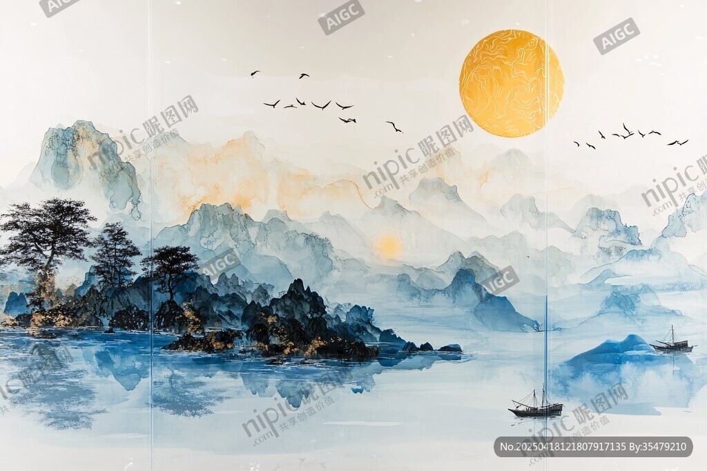 水墨山水間的落日泛舟景
