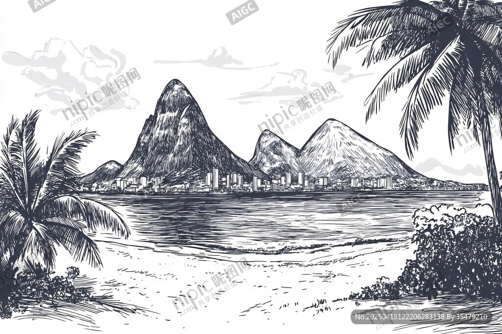 里約海灘與山巒風景素描