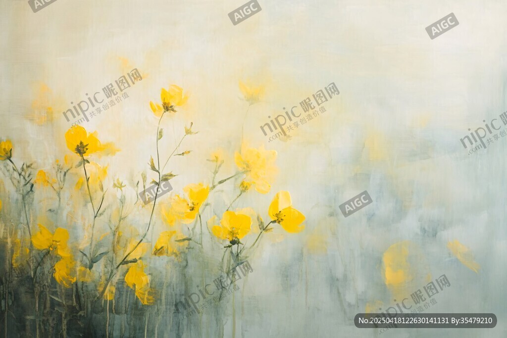 夢(mèng)幻黃花綻放朦朧背景中