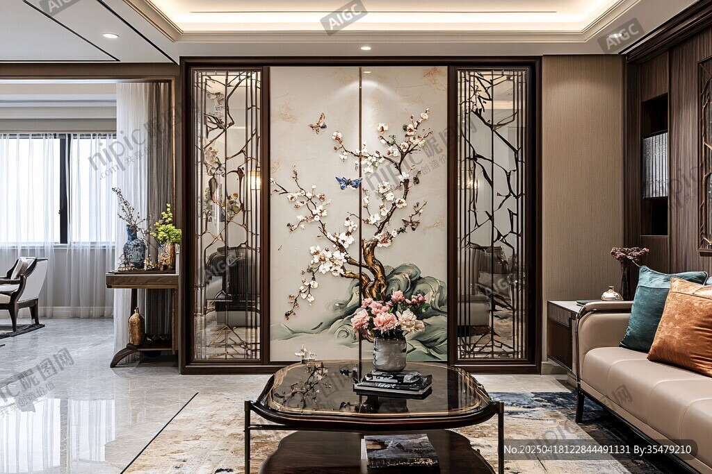 中式客廳 雅致屏風(fēng)與花卉裝飾