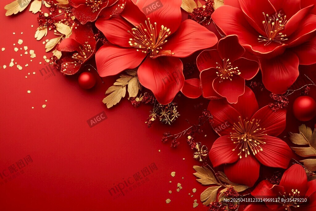 喜慶紅花卉金飾裝飾背景