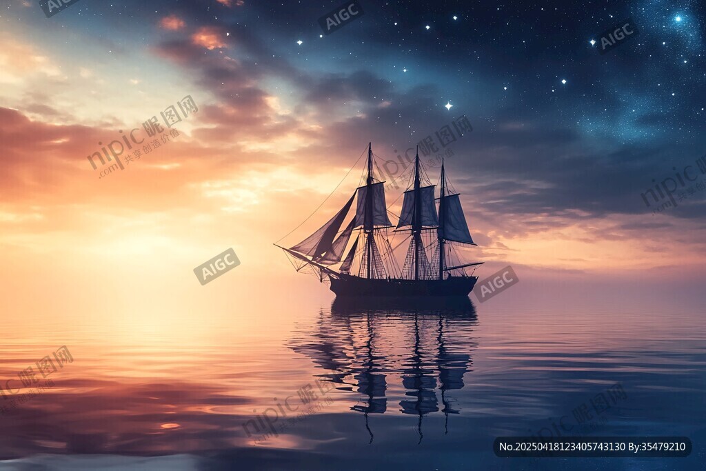 海上帆船伴日落星空