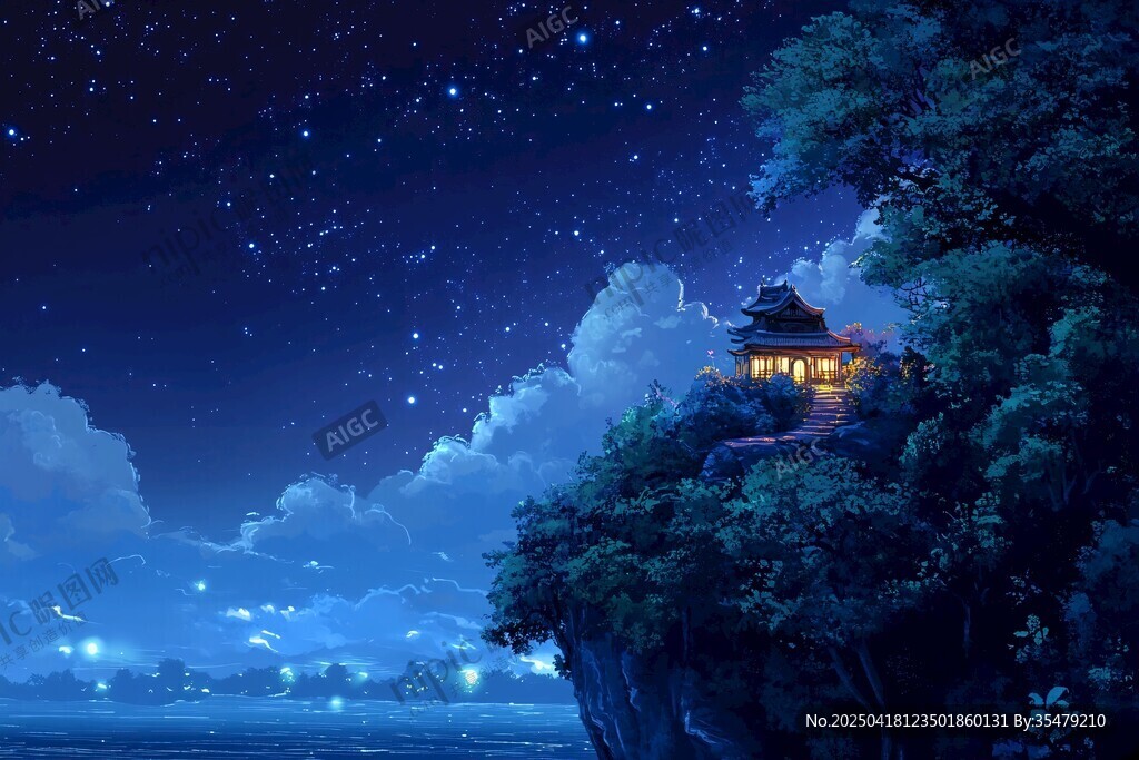 星空下的幽謐湖畔古亭
