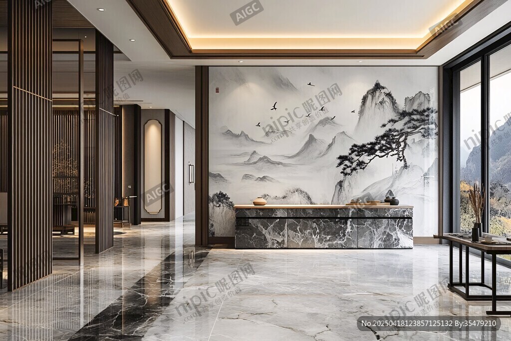 中式雅致大廳山水壁畫裝飾