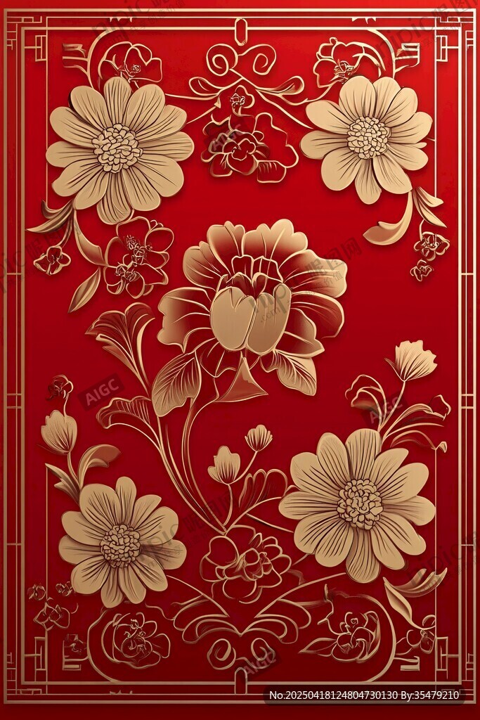 中式紅底金花傳統裝飾圖