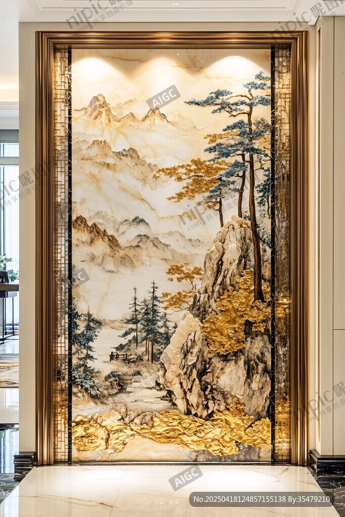 中式山水玄關藝術壁畫