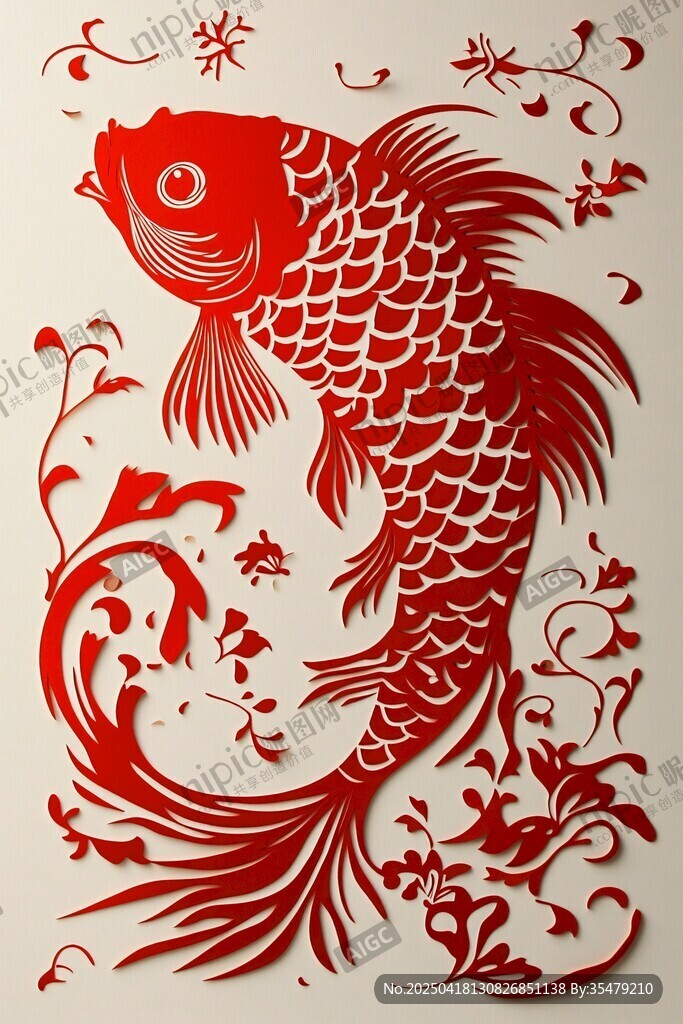 紅色剪紙風(fēng)靈動鯉魚圖案