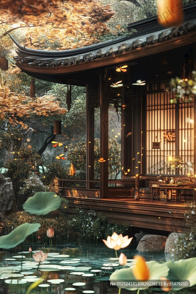 古風(fēng)亭閣畔的荷塘幽景