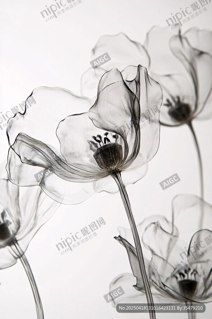 黑白透明風郁金香花卉圖