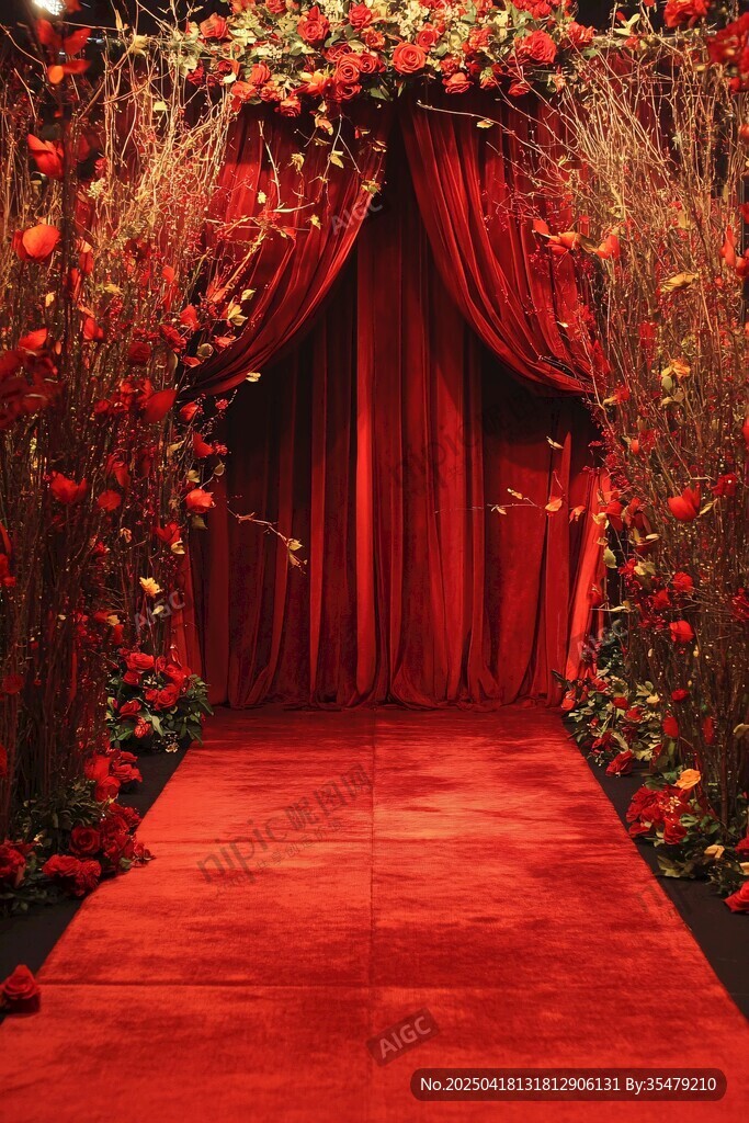 浪漫紅絲絨婚禮拱門場景