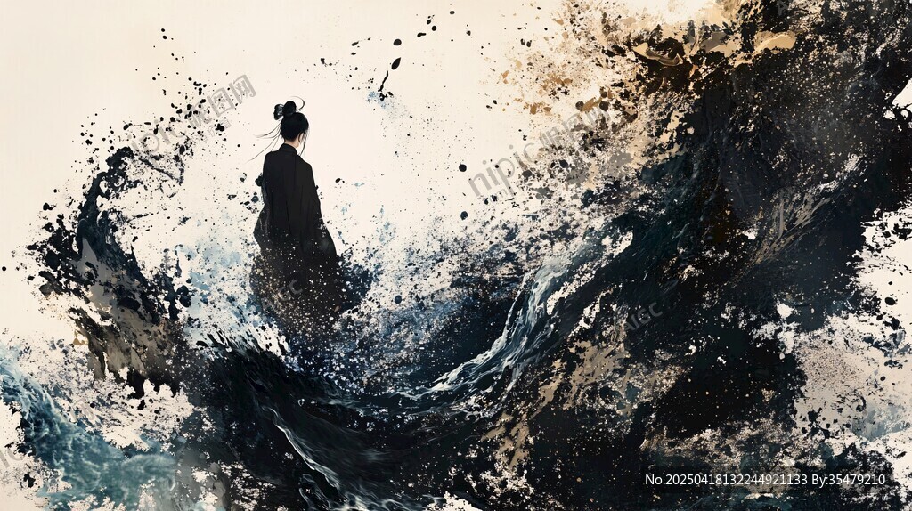 水墨海浪中獨(dú)立的身影