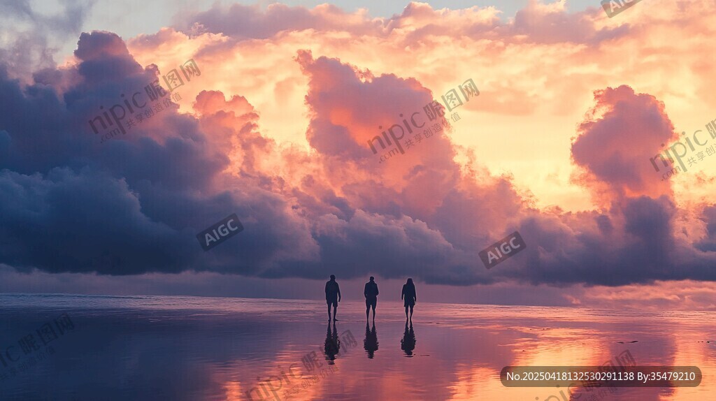 夕陽下三人漫步的美麗景致