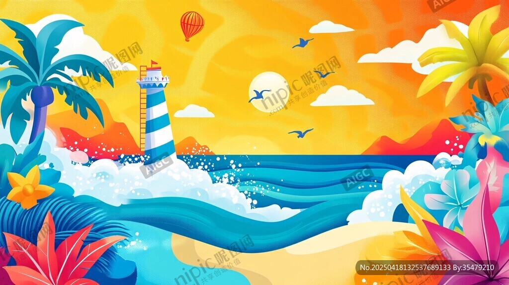 夏日海濱夢幻風(fēng)光插畫