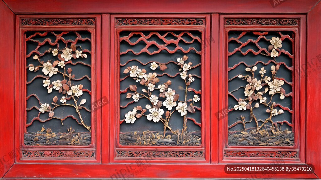 中式紅窗梅花雕花裝飾
