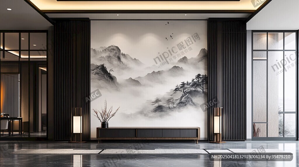 中式山水風(fēng)客廳背景墻