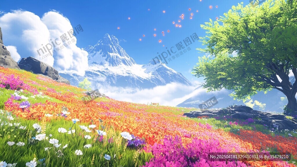 夢幻花海雪山美景