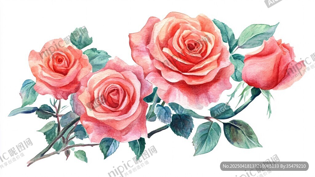 手繪粉色玫瑰花枝插畫(huà)