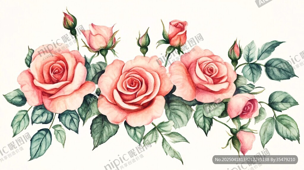 粉色玫瑰水彩花卉插畫