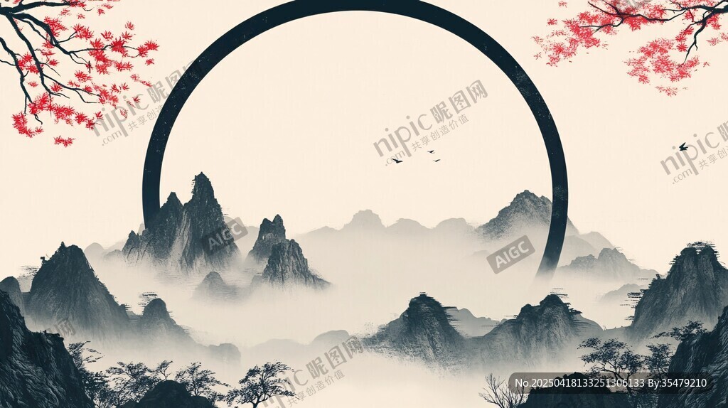 中式山水墨韻圓環(huán)意境圖