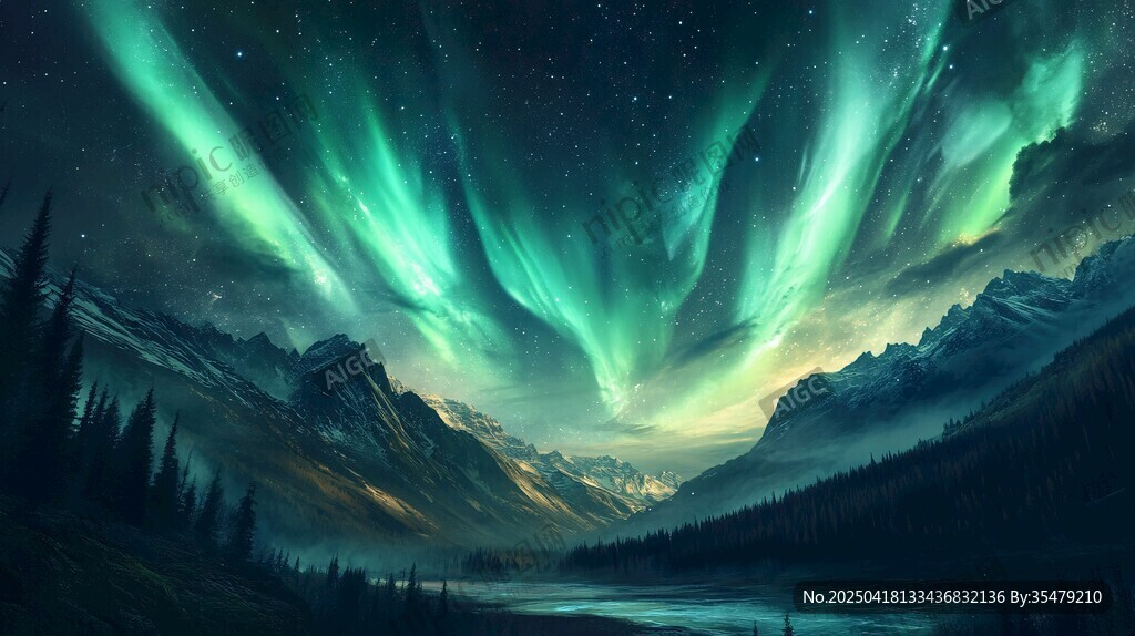 夢(mèng)幻極光下的山川湖泊美景