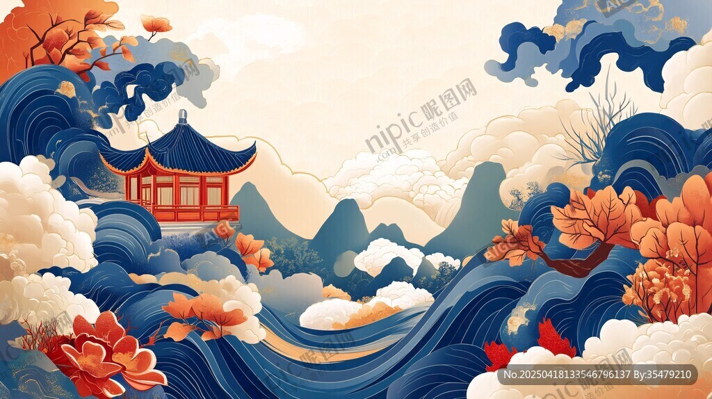 中式山水樓閣國(guó)風(fēng)意境圖