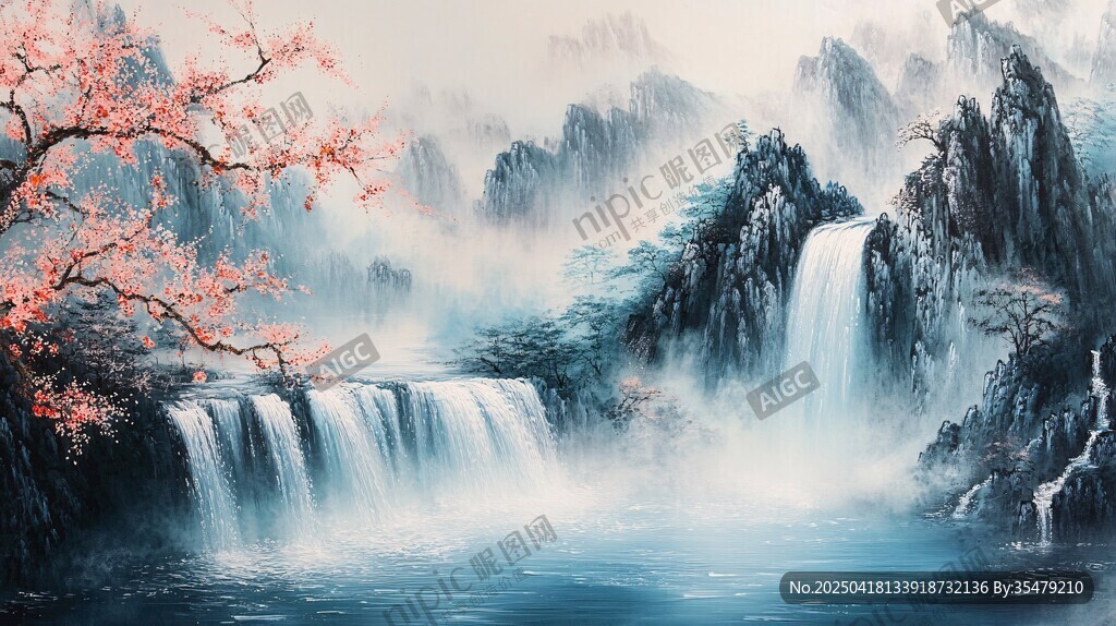 水墨山水間的飛瀑繁花