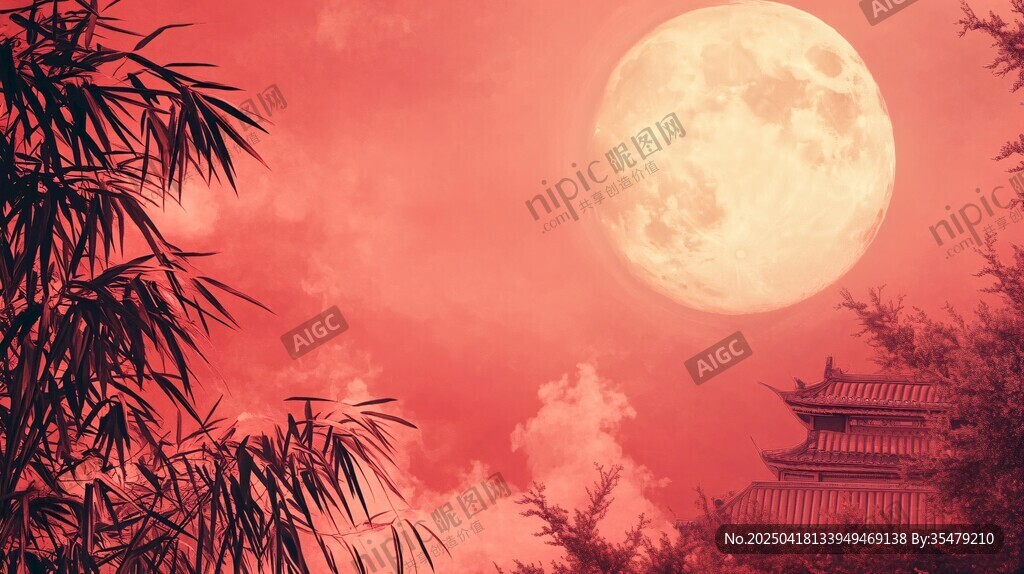 月下古景映紅天