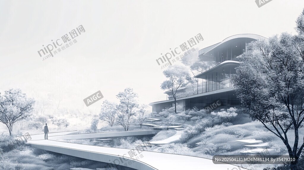 霧中靜謐現(xiàn)代建筑景觀