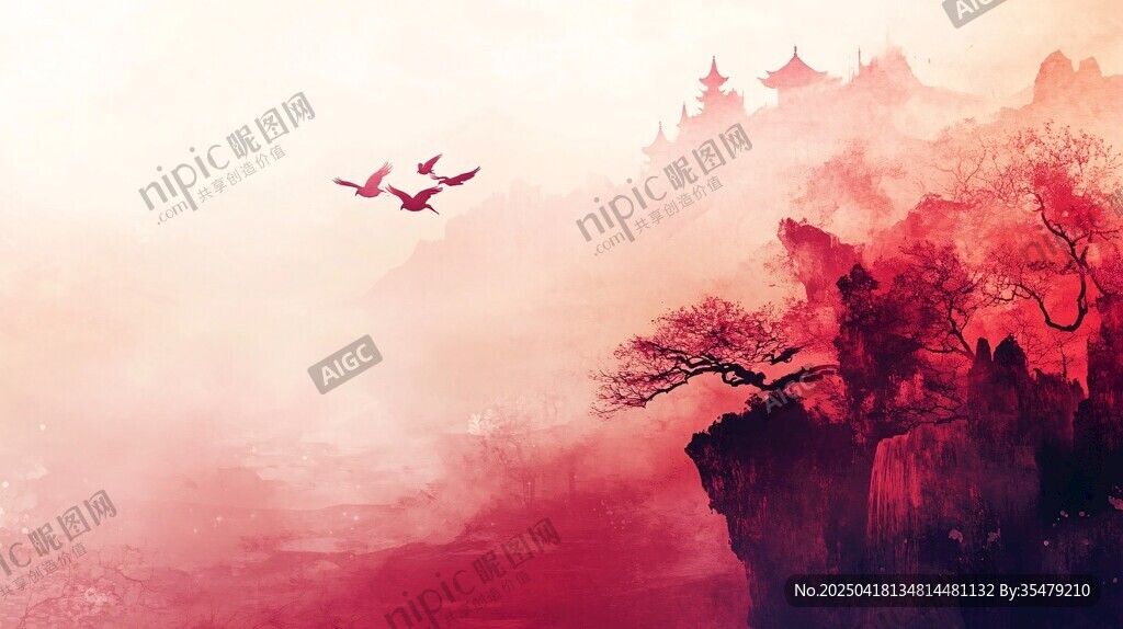 夢(mèng)幻中式山水飛鳥圖景