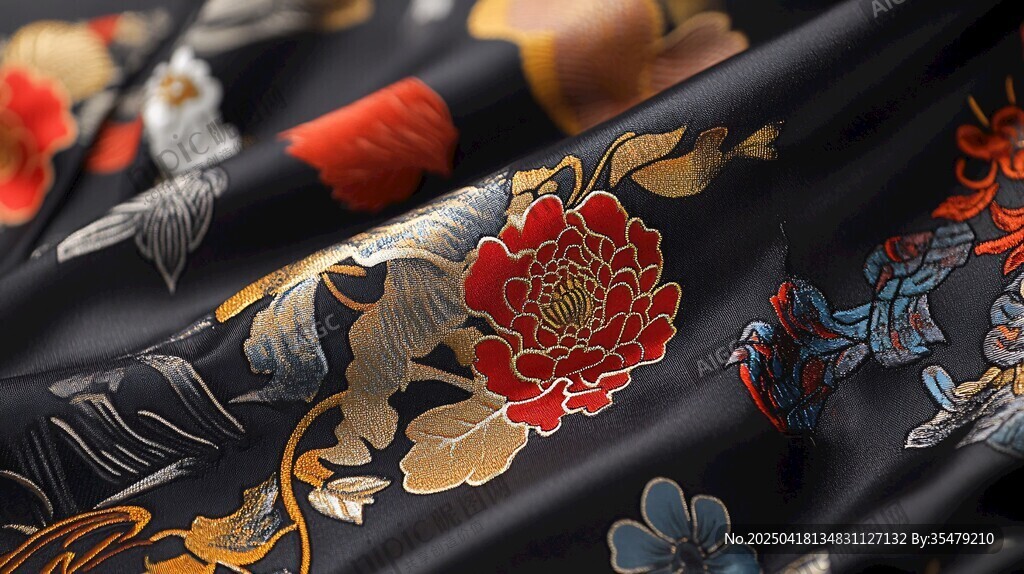 黑色錦緞上的花鳥刺繡圖案