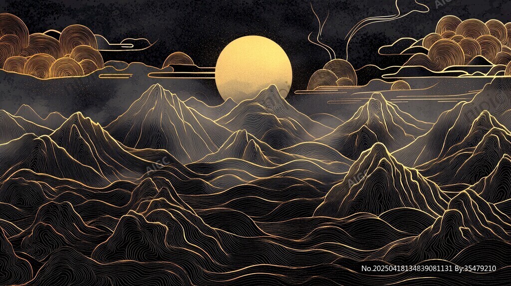 月夜群山金色輪廓美景