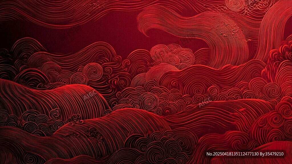 中式紅韻海浪祥云背景圖