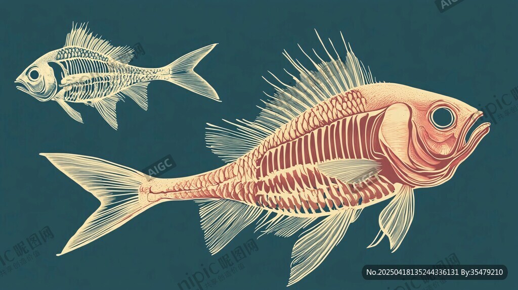 復古風魚類骨骼解剖插畫