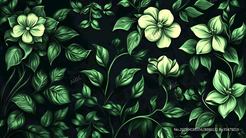 深綠背景下的花卉綠葉圖案