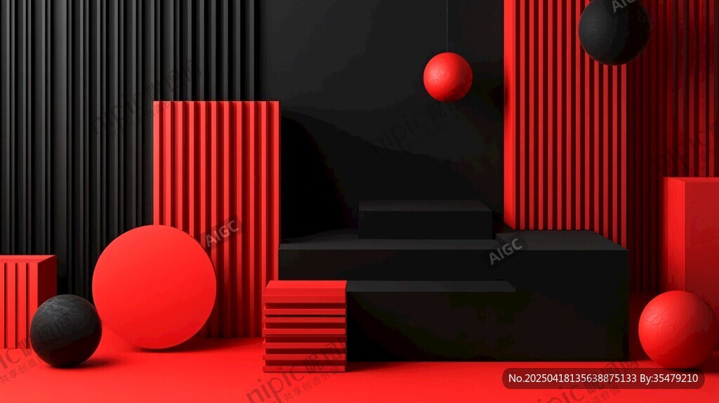 紅黑幾何立體場景展示