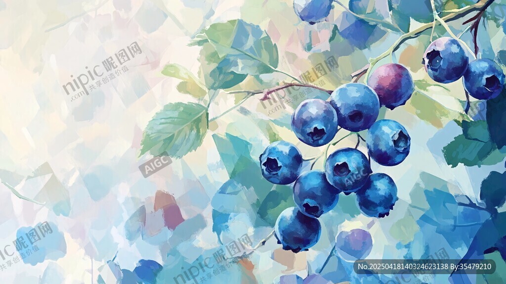 夢幻水彩藍莓枝葉圖